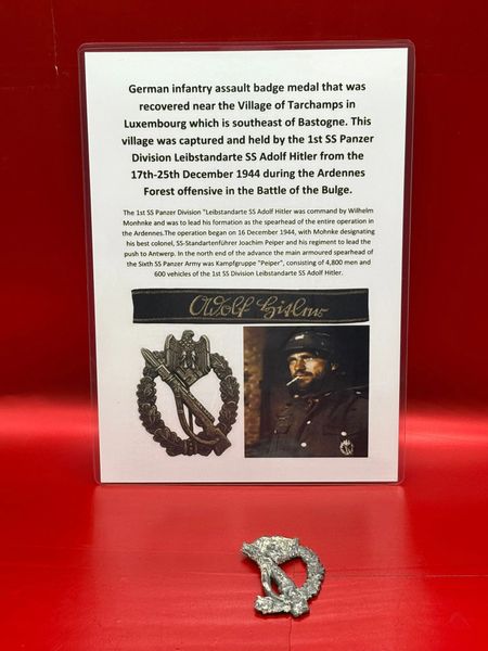 German Infantry assault badge,medal nice condition relic near complete recovered near the Village of Tarchamps captured and held by the 1st SS Panzer Division Leibstandarte SS Adolf Hitler from the 17th-25th December 1944,Battle of the Bulge.