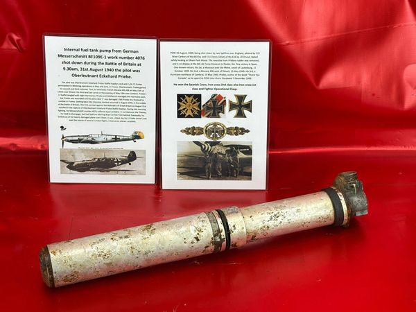 Very rare complete fuel pump,lovely condition from inside a fuel tank on German Messerschmitt BF109E-1 work number 4076, shot down, 31st August 1940, crashed at Elham during the battle of Britain.