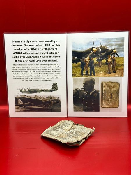 Totally rare Crewman's cigarette case,lovely condition relic owned by a airman on recovered from inside German Junkers Ju88 night fighter - 4/NJG2 shot down on night intruder raid over England on 17th April 1941 and crashed near Peterborough
