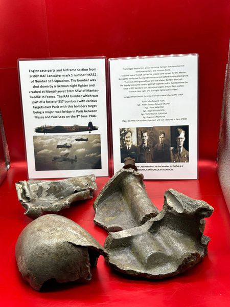 Large engine case sections+ airframe section,nice clean parts from British RAF Lancaster number HK552,115 Squadron,shot down by a German night fighter and crashed at Montchauvet on a D-Day raid on transportation links over Paris on the 8th June 1944.