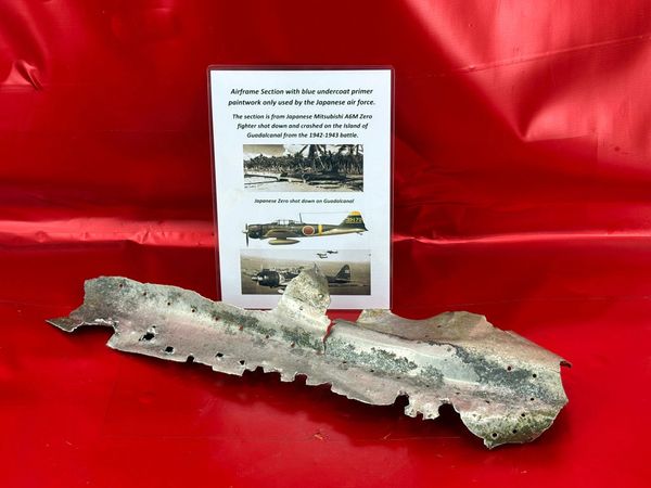Large aluminium airframe panel with lots of its blue undercoat primer paint only used by Japanese air force from Mitsubishi A6M Zero fighter shot down/crashed in the air war over the Island of Guadlcanal from 1942-1943 battlefield