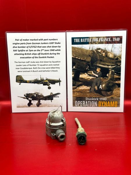 Pair of engine parts,maker marked with part numbers from German Junkers JU87 Stuka dive bomber of 5/STG2 that was shot down by RAF Spitfire at 7pm on the 2nd June 1940 while attacking British ships off Dunkirk during the evacuation of the Dunkirk Pocket.