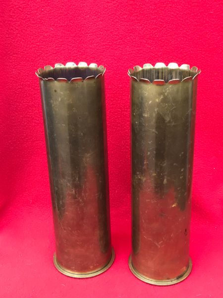 Matching pair of Belgium 75mm brass shell cases trench art design crown top the cases both are dated 1917 found on the Somme battlefield