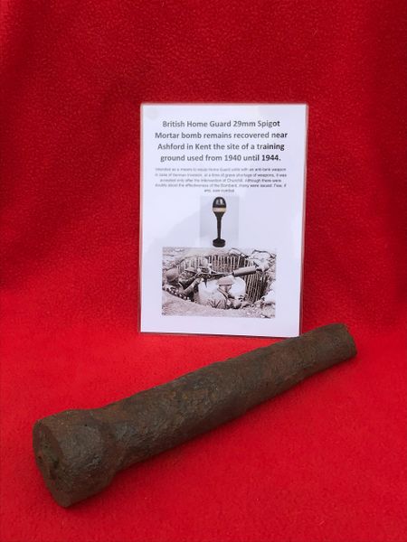 British Home Guard 29mm Spigot mortar bomb remains recovered near Ashford in Kent the site of a Home Guard training ground used from 1940-1944