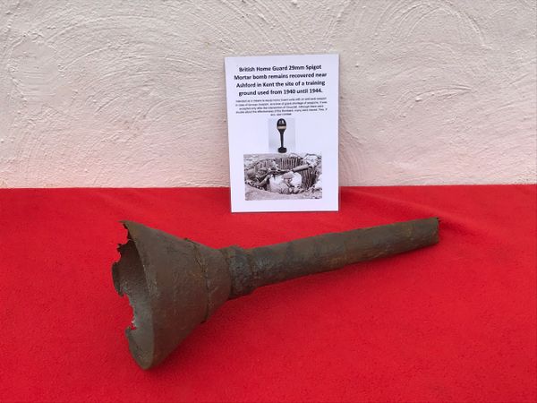 British Home Guard 29mm Spigot mortar bomb large distinctive shape section recovered near Ashford in Kent the site of a Home Guard training ground used from 1940-1944