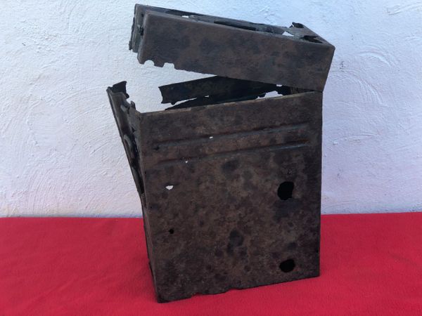 German 20mm Flak 30/38 Anti-Aircraft gun magazine twin carry box,with paintwork badly burnt in fire,recovered from water in the area of Sochau near Furstenfeld in Austria where on 12th May 1945 the SS Wiking Division surrendered to the Americans