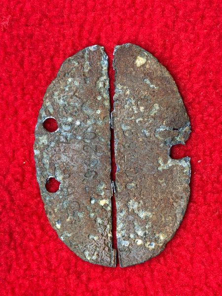 Very rare German soldiers complete dog tag rare zinc made late war production for Organisation Todt recovered from the Atlantic wall defence system near the port of Saint Malo in France