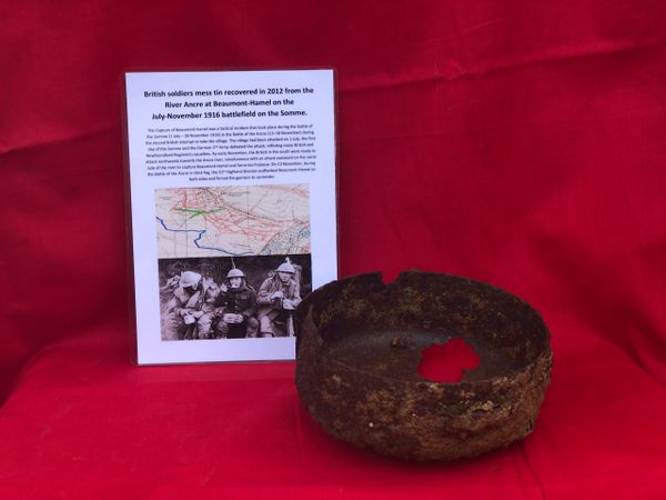 British cavalry soldiers mess tin relic condition some original colour recovered in 2012 from the River Ancre at Beaumont-Hamel on the July-November 1916 battlefield on the Somme