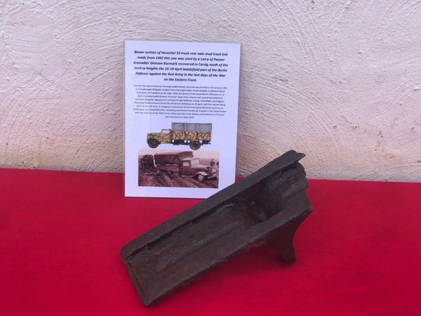 Mud track link made from 1942 blown in half well cleaned relic used by German Henschel 33 truck used by Panzer Grenadier Division Kurmark recovered in Carzig south of the Seelow Heights the April 1945 battlefield