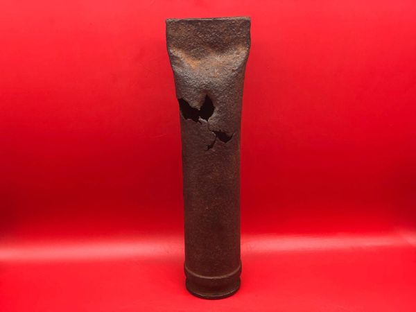 German steel shell case for the 3.7cm FLAK 36/37 anti aircraft gun nice solid relic used as candle holder, dated 1940 recovered from a field near Trun where lots of German equipment was thrown in and buried after the battle, Falaise Pocket 1944