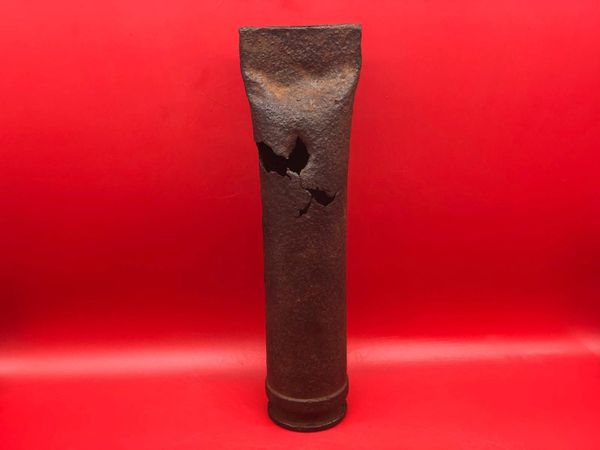 German steel shell case for the 3.7cm FLAK 36/37 anti aircraft gun nice solid relic used as candle holder, dated 1940 recovered from a field near Trun where lots of German equipment was thrown in and buried after the battle, Falaise Pocket 1944