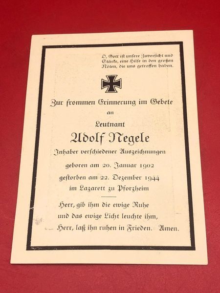 Original German soldiers memorial death card nice complete condition for Lieutenant Udolf Regele died in 1944 in hospital near Stuttgart aged 42