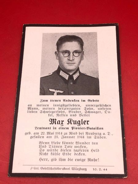 Original German soldiers memorial death card nice complete condition for Lieutenant Mar Rugler died in January of 1944 in the south