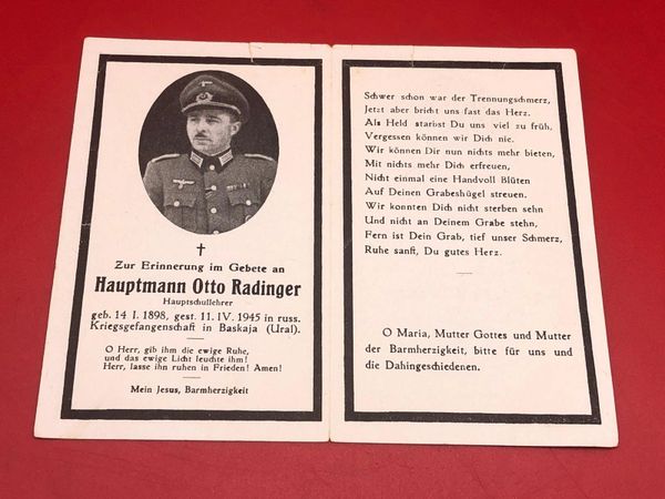 Original German soldiers memorial death card nice complete condition for Captain Otto Radinger died in Russian captivity in April 1945 in a prison camp in the Ural Mountains