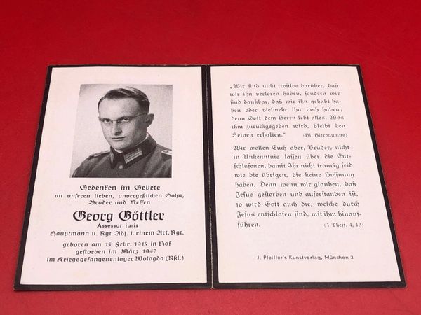 Original German soldiers memorial death card nice complete condition for Captain Beorg Bottler died in 1947 in a prisoner of war camp in Vologda, Russia