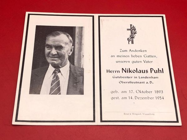 Very Rare Original German soldiers memorial death card nice complete condition for Lieutenant Colonel Nikolaus Puhl died who survived the war and died aged 61 in 1954