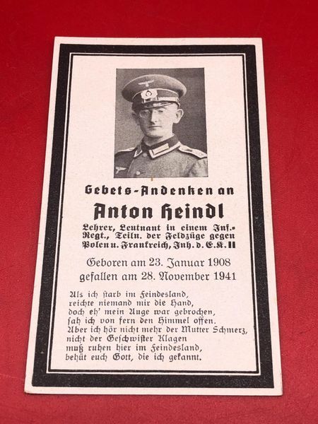 Original German soldiers memorial death card nice complete condition for Lieutenant Anton Heindl he won the iron cross 2nd class and died in 1941