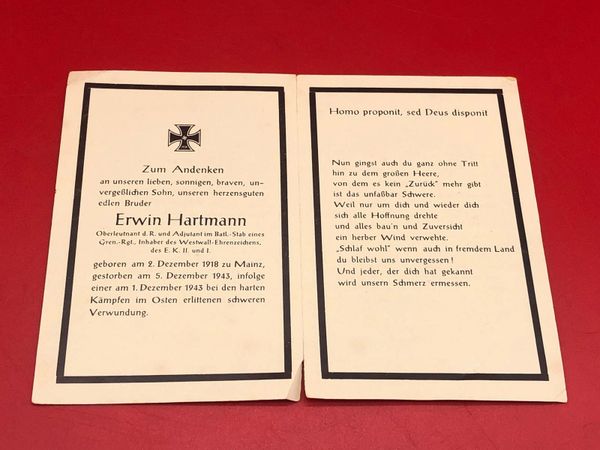 Original German soldiers memorial death card nice complete condition for Lieutenant Erwin Hartmann in a Grenadier Regiment he won iron cross 1st and 2nd class died in 1943 in the hard fighting in the east