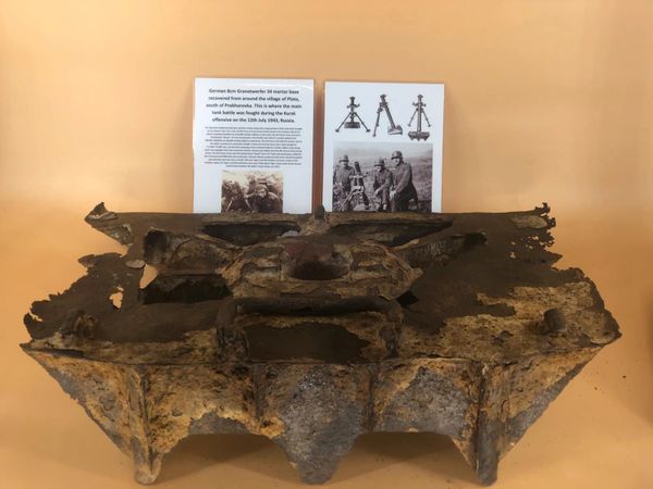 German 8cm Mortar base very relic condition with lots of rust damage but a rare find recovered from near the village of Plota near Prokhorovka on the battlefield at Kursk 1943 in Russia