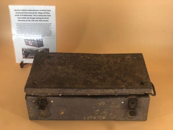 German vehicle verbandkasten [medical box], relic condition with paint remains recovered from near the village of Plota near Prokhorovka on the battlefield at Kursk 1943 in Russia