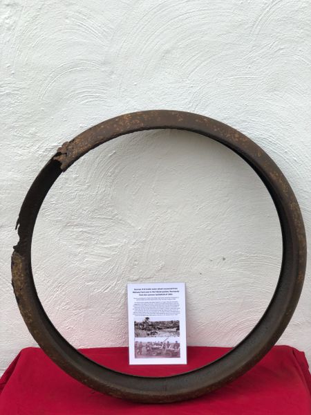German IF-8 trailer outer wheel with sand camouflage paintwork recovered from Moissey Ford area in the Falaise pocket, Normandy from the summer battlefield of 1944.