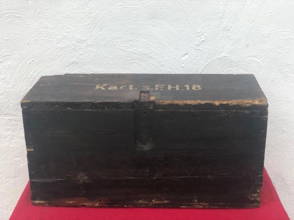Black painted German Wooden ammunition crate for 15cm SFH18 artillery gun it held 3 separate propelling charge shell cases with maker markings and dated 1943 found in Dieppe originally used in the Normandy campaign in the summer of 1944