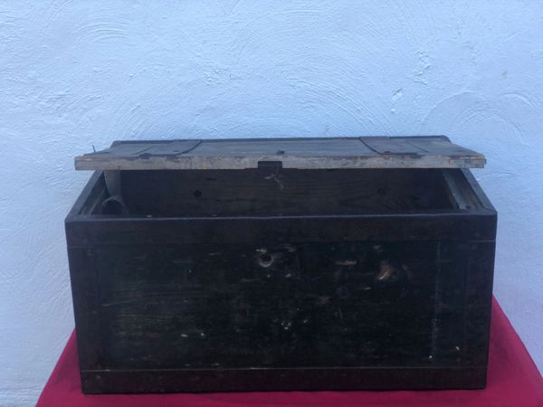 German wooden crate for originally for carrying paperwork-files re used for ammunition with original green paintwork, dated 1936 used by 116th Panzer Division recovered from near Houffalize in the Ardennes forest from battle of the bulge winter 1944-1945