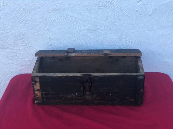 German carry crate for Gewehr Sprenggrante 30 anti personnel rifle grenades not complete missing lid but has rare maker mark and dated 1943 on the front used by 116th Panzer Division recovered from near Houffalize in the Ardennes forest,1944-1945