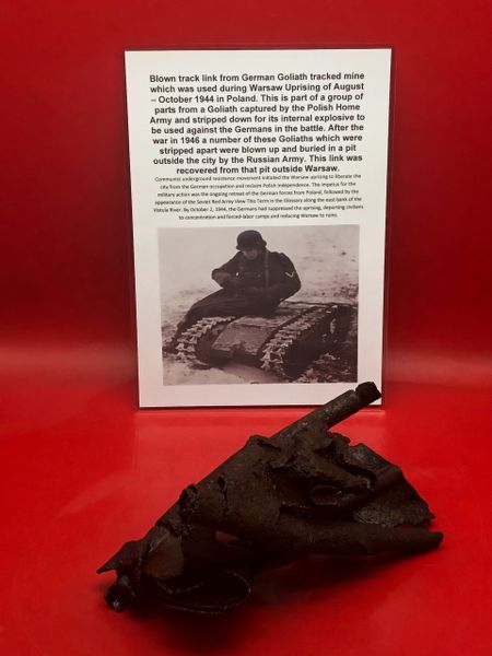 Blown track link nice solid relic from German Goliath tracked mine which was used during Warsaw Uprising of August – October 1944 recovered from Russian dump site pit outside Warsaw in Poland