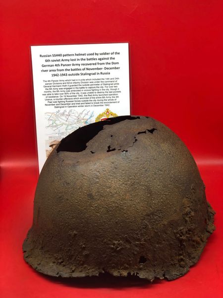 Russian soldier of the 6th soviet Army SSH40 pattern helmet near complete shell solid relic recovered on the Dom river the area of the Italian mountain Division defended by them in January 1943 during the battle of Stalingrad