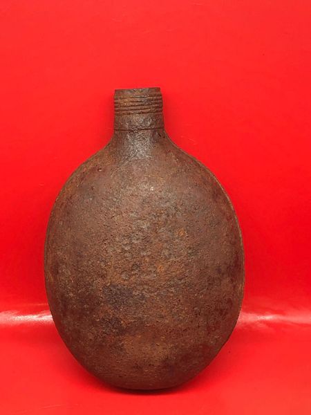 German army issue red painted water bottle, nice relic lots of original paintwork recovered from around the village of Plota near Prokhorovka on the battlefield at Kursk 1943 in Russia