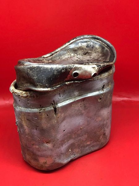 German soldiers aluminium mess tin with lid which is named with some original black paintwork and a lot of original colour recovered from around the village of Plota near Prokhorovka on the battlefield at Kursk 1943 in Russia