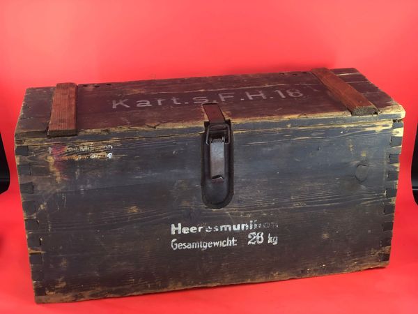 Black painted German Wooden ammunition crate for 15cm SFH18 artillery gun it held 3 separate propelling charge shell cases with maker markings and dated 1942 found in Dieppe originally used in the Normandy campaign in the summer of 1944