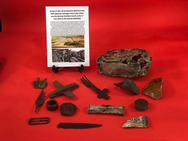 Group of British and German relics all nice solid parts all recovered in 2014 from field opposite Lochnagar mine crater at La Boisselle on the 1st July 1916 Somme battlefield