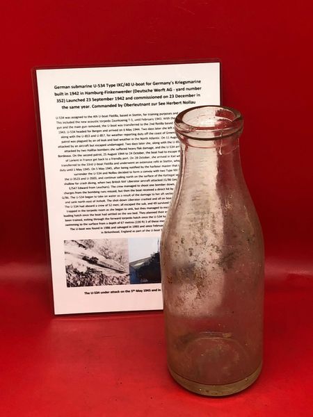 Large German half litre glass bottle, complete un damaged but dirty recovered from U-Boat U534 which was sunk on the 5th May 1945 by RAF bombers
