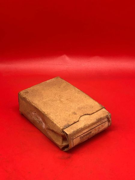 German 7.92mm bullets cardboard ammunition box with maker label dated 1937 fantastic condition relic used by German 20th Mountain Army Gebirgsjager recovered from lake in Finnmark, Norway 1944-1945.