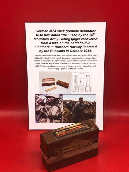 Very rare to find German M24 stick grenade detonator fuse box which is complete and dated 1943 used by the German 20th Mountain Army Gebirgsjager recovered from a lake on the battlefield in Finnmark in Northern Norway 1944-1945.