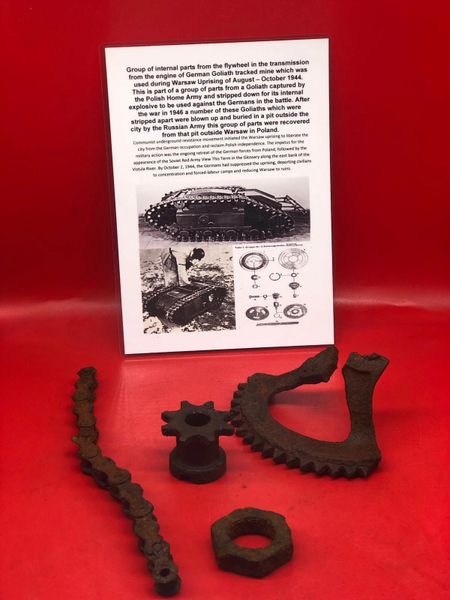 Group of internal parts from flywheel in the transmission from the engine nice solid relics from German Goliath tracked mine which was used during Warsaw Uprising of August – October 1944 recovered from Russian dump site pit outside Warsaw in Poland