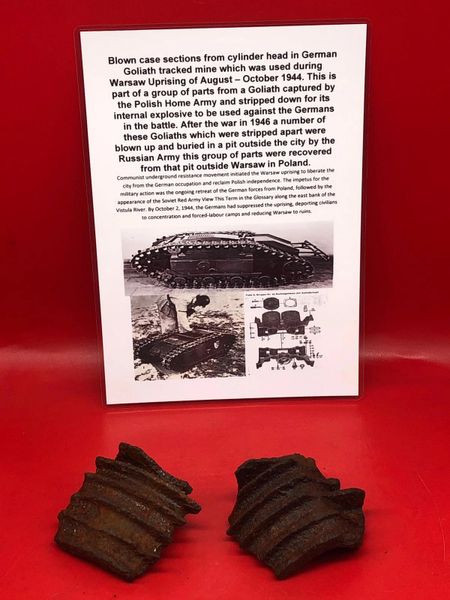 Blown case sections from the cylinder head in the engine from German Goliath tracked mine which was used during Warsaw Uprising of August – October 1944 recovered from Russian dump site pit outside Warsaw in Poland