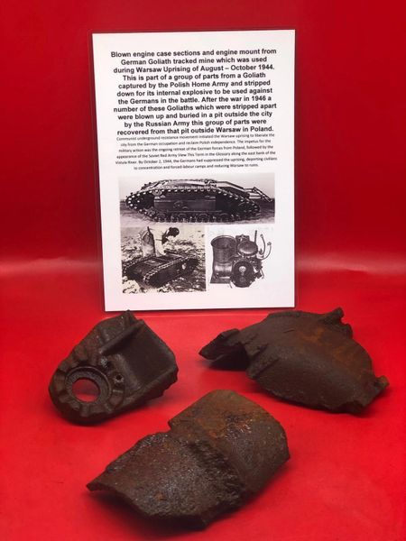 Blown sections of engine case and a engine mount all nice solid relics from German Goliath tracked mine which was used during Warsaw Uprising of August – October 1944 recovered from Russian dump site pit outside Warsaw in Poland