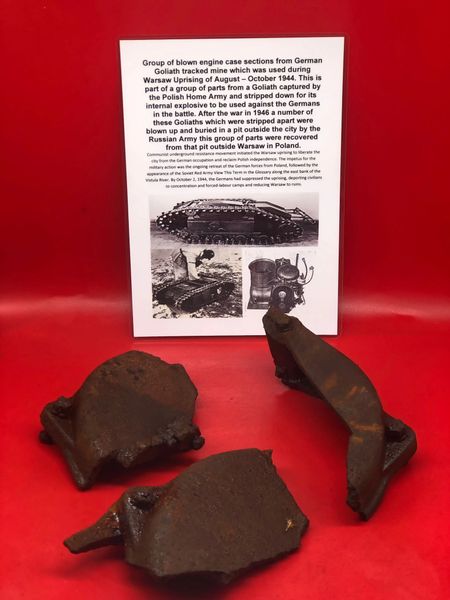 3 Blown sections of engine cover nice solid relics from the side of the engine from German Goliath tracked mine which was used during Warsaw Uprising of August – October 1944 recovered from Russian dump site pit outside Warsaw in Poland