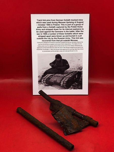 Blown track link pins nice solid relics with link remains from German Goliath tracked mine which was used during Warsaw Uprising of August – October 1944 recovered from Russian dump site pit outside Warsaw in Poland