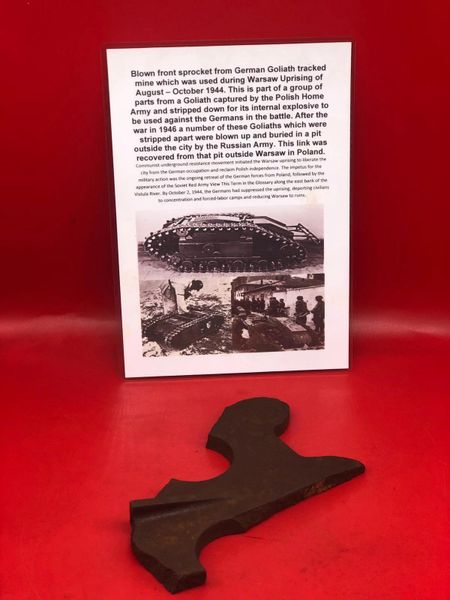 Large blown section of front sprocket nice solid relic from German Goliath tracked mine which was used during Warsaw Uprising of August – October 1944 recovered from Russian dump site pit outside Warsaw in Poland