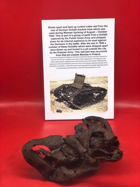 Blown and bent up control cable reel side attached nice solid relic from German Goliath tracked mine which was used during Warsaw Uprising of August – October 1944 recovered from Russian dump site pit outside Warsaw in Poland
