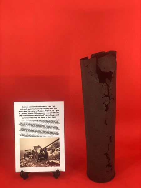 German steel shell case fired by PAK[36]r anti-tank gun which is the captured Russian 76.2mm ZIS 3 gun also mounted in to German Marder 3 tank destroyer recovered from Seelow Heights 1945,Berlin