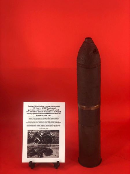 Russian 76mm M1927 Regimental gun complete shell the brass shell case dated 1938 for anti-armour heat round in nice condition recovered from near Bialystok which was a Russian pocket of resistance in Poland during Operation Barbarossa June 1941