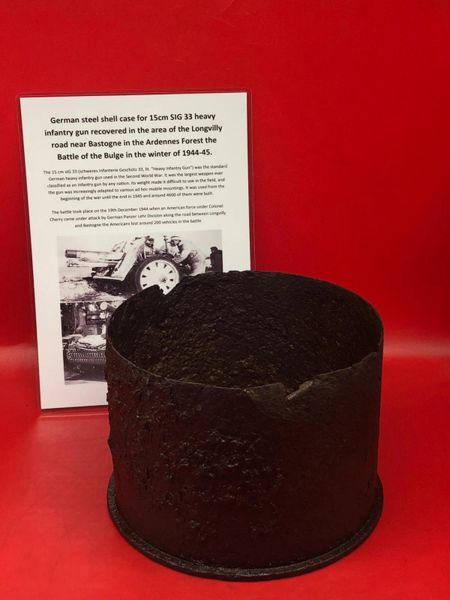 German steel shell case complete solid relic dated 1942 fired by 15cm SIG 33 heavy infantry gun recovered from near the village of Plota near Prokhorovka on the battlefield at Kursk 1943 in Russia