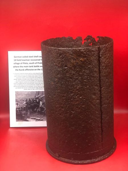 Rare German coiled steel shell case complete solid relic fired by 15cm SFH18 heavy howitzer recovered from near the village of Plota near Prokhorovka on the battlefield at Kursk 1943 in Russia