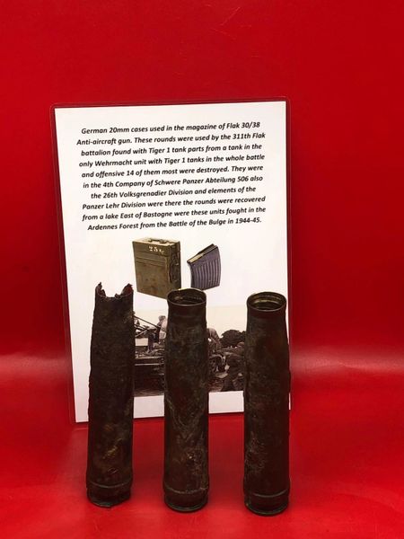 3 X German 20mm brass cases dated 1938-1939 fired by Flak 30/38 Anti-Aircraft gun belonging to Luftwaffe 311th Flak battalion recovered from a Lake East of Bastogne from battle of the Bulge 1944-1945