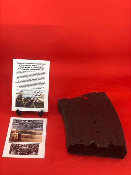 German 20mm Flak 30/38 Anti-Aircraft gun magazine recovered from the site of Luftwaffe airfield at Audembert near Calais used in battle of Britain 1940 by Jagdeschwader 26 the unit commanded by Adolf Galland, remained a fighter base until 1944